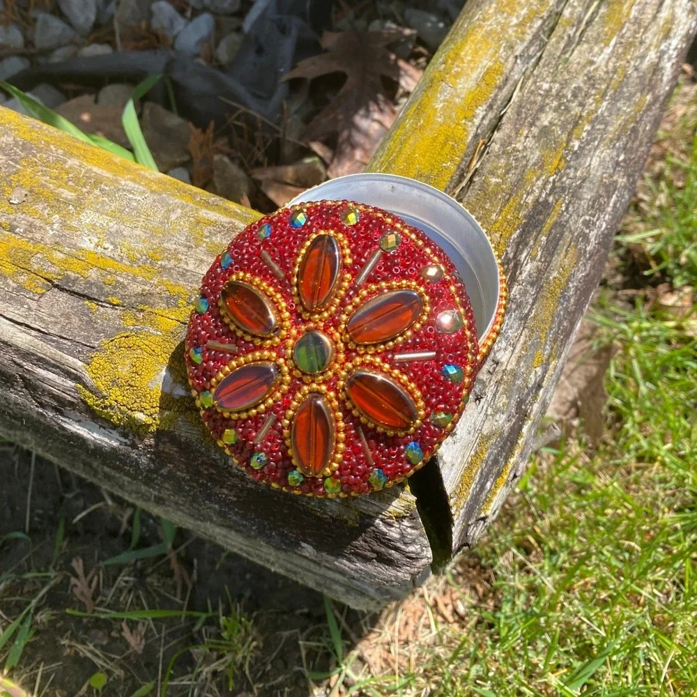 Vintage Hand Beaded Red Floral Trinket Ring Box Round Jeweled Bohemian Regency